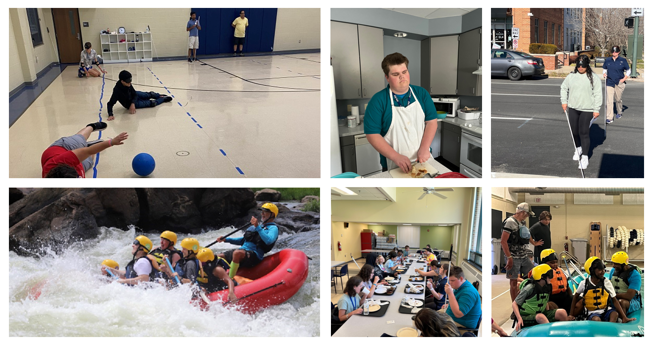 Students playing Goalball, Student cutting bread, student leading an instructor through a crosswalk, students whitewater rafting, students having lunch, students preparing to white water raft